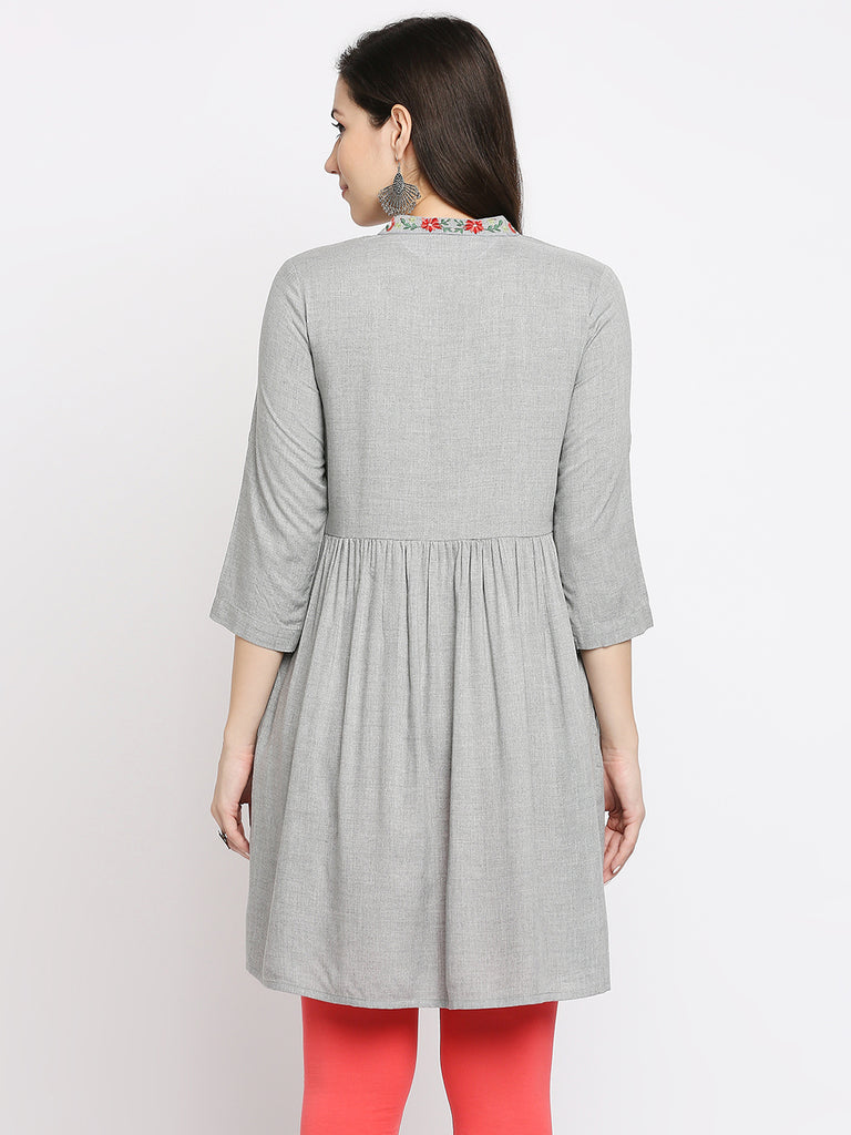 Women's Grey Rayon Embroidered Fusion Topwear