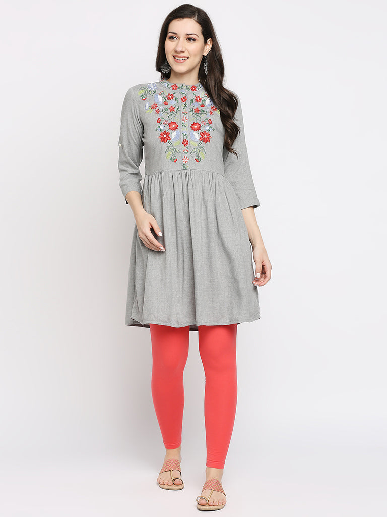 Women's Grey Rayon Embroidered Fusion Topwear