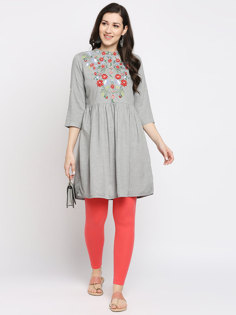 Women's Grey Rayon Embroidered Fusion Topwear