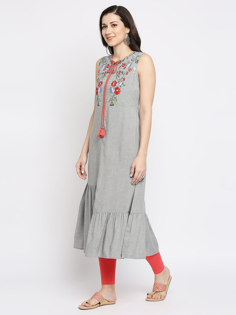 Women's Grey Rayon Embroidered Fusion Topwear