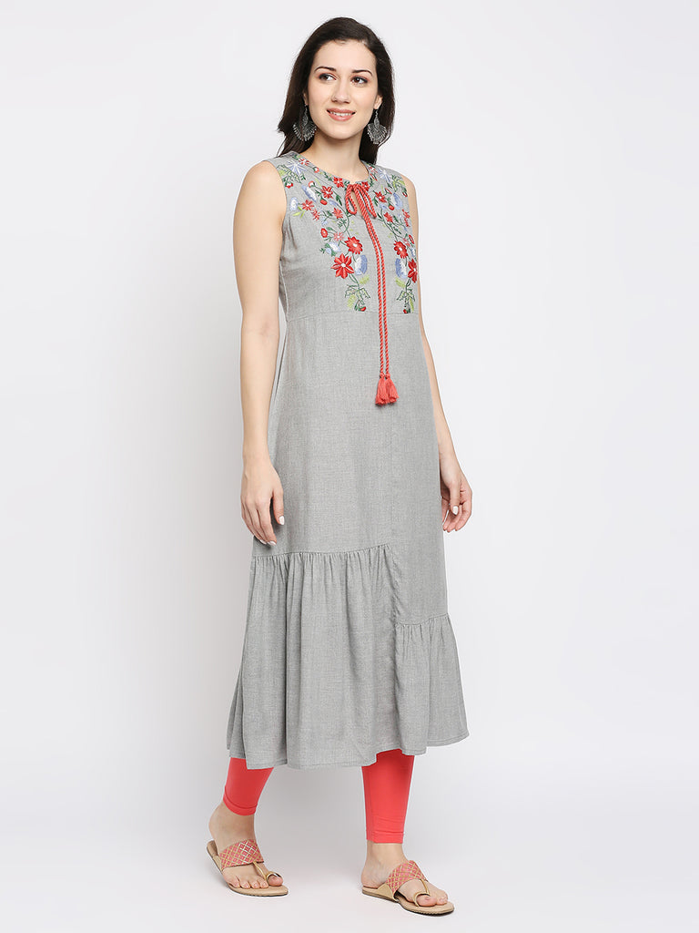 Women's Grey Rayon Embroidered Fusion Topwear