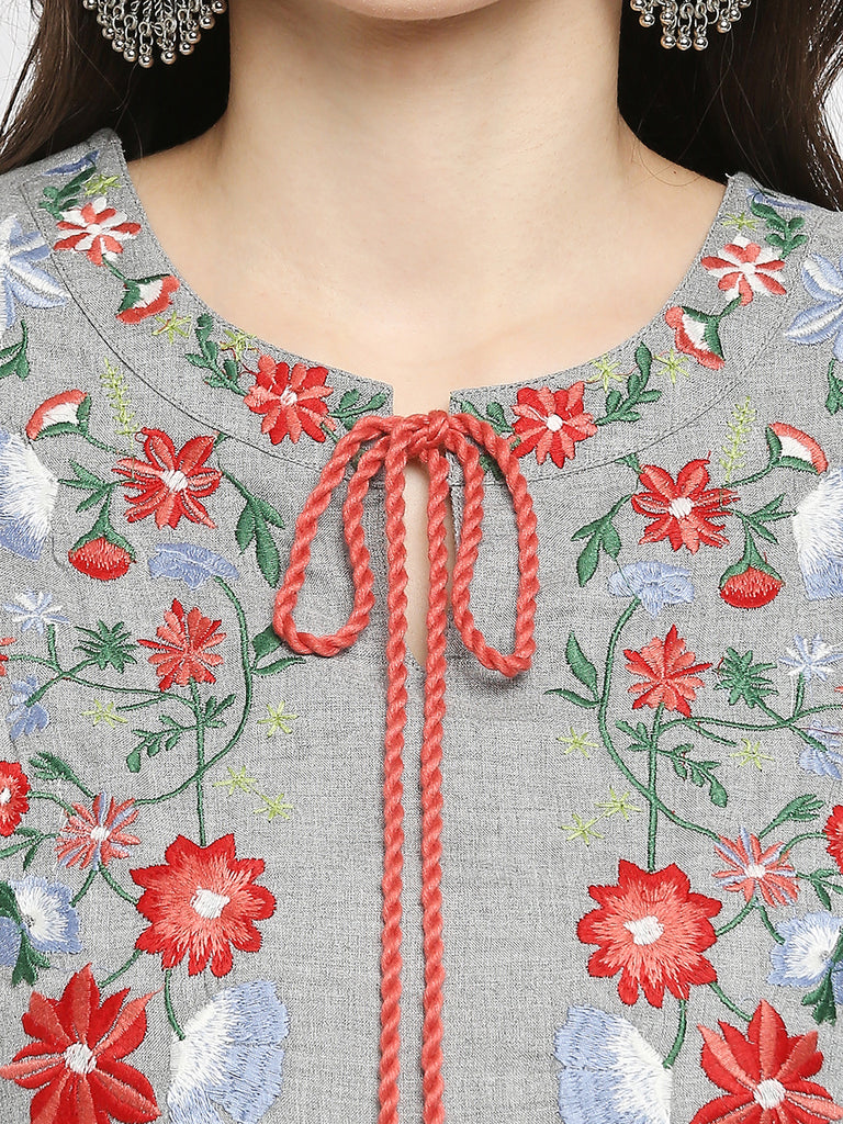 Women's Grey Rayon Embroidered Fusion Topwear