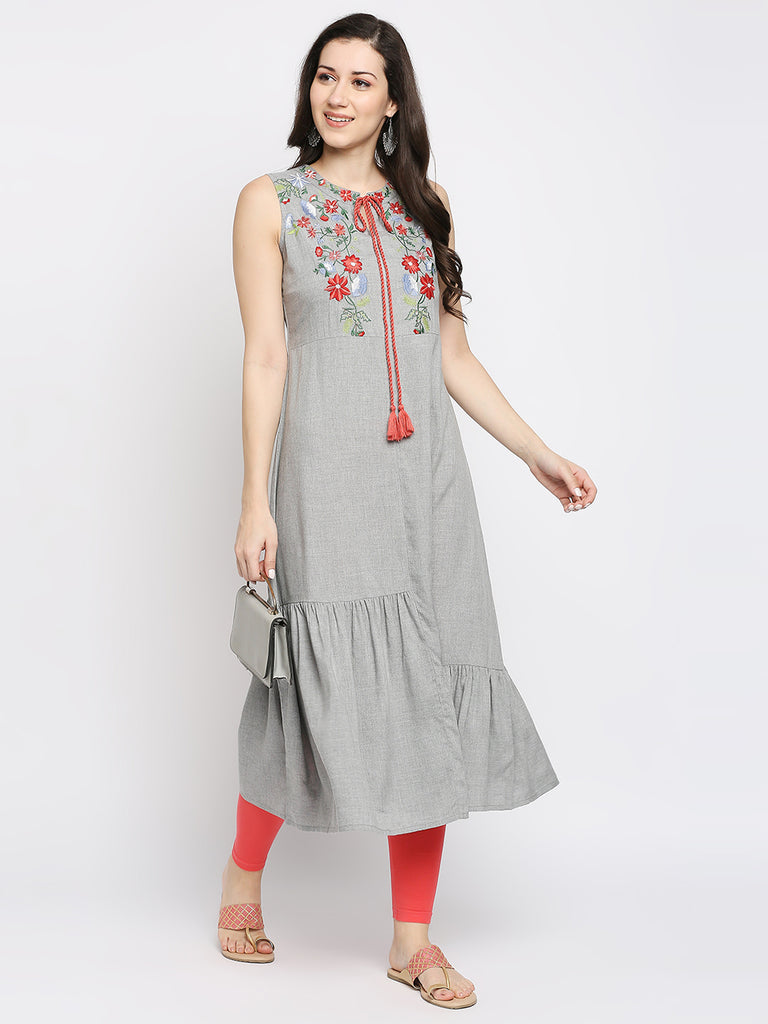 Women's Grey Rayon Embroidered Fusion Topwear