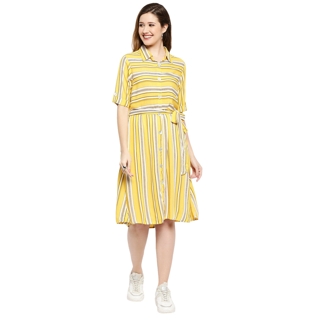 Women's Yellow Viscose Stripes Dress
