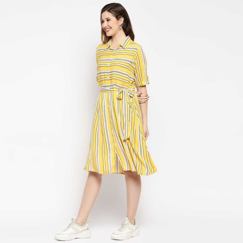 Women's Yellow Viscose Stripes Dress