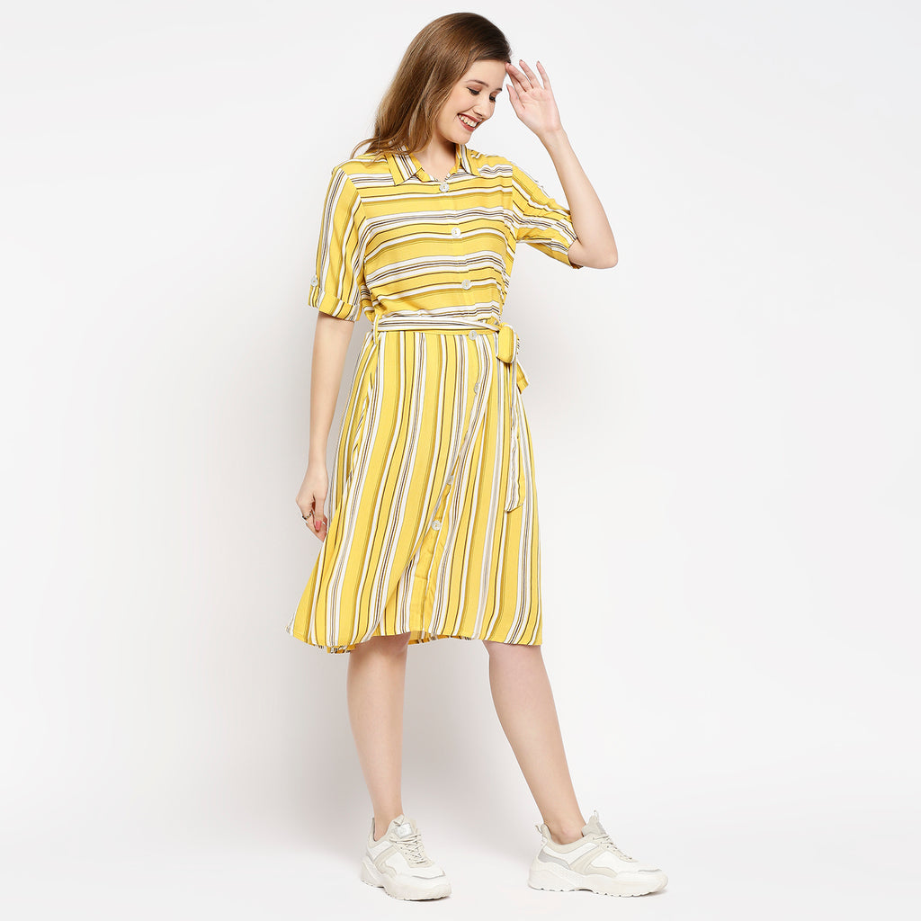 Women's Yellow Viscose Stripes Dress