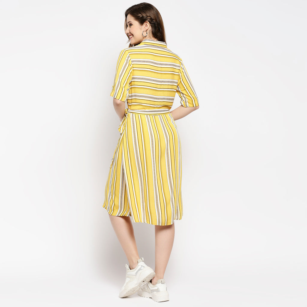 Women's Yellow Viscose Stripes Dress