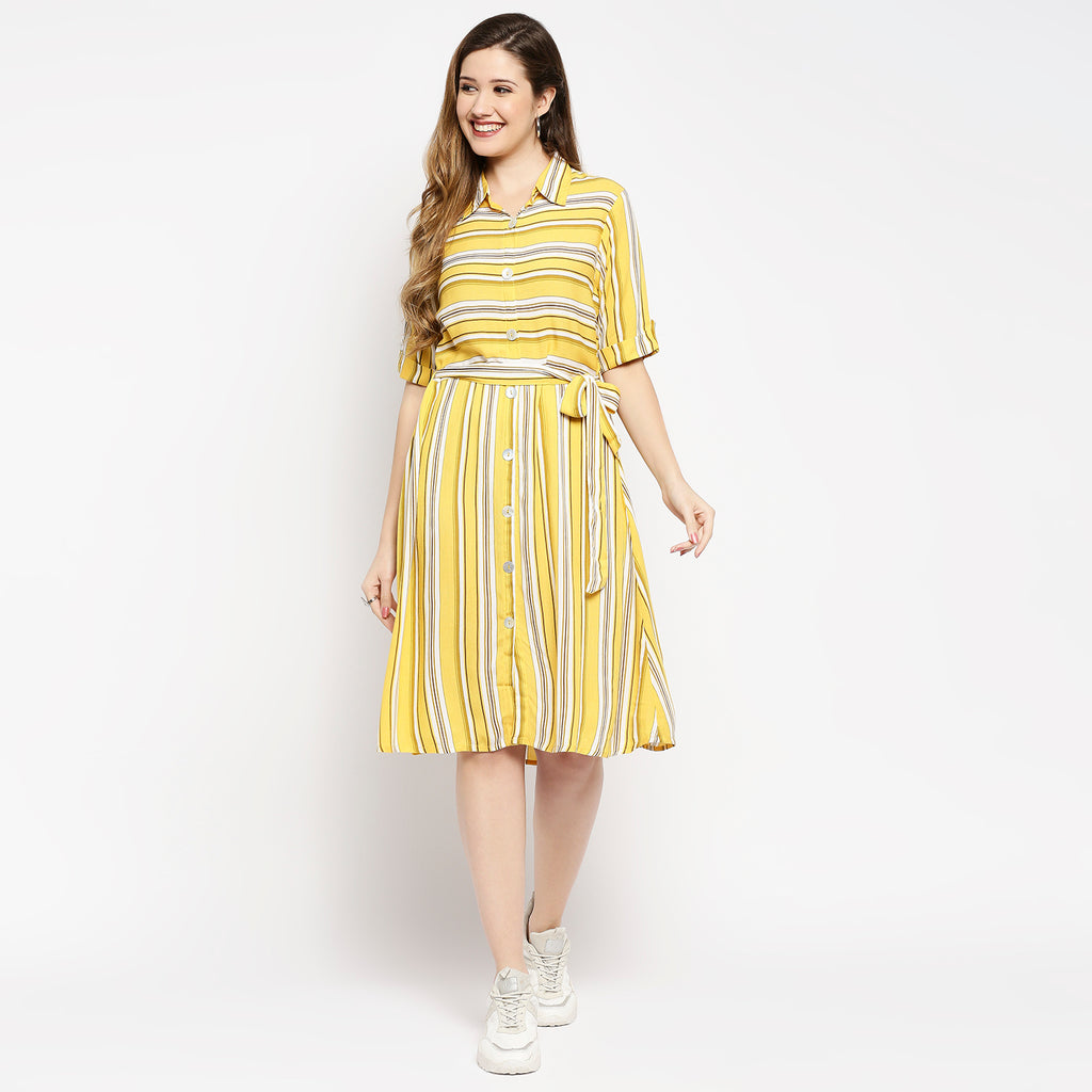 Women's Yellow Viscose Stripes Dress