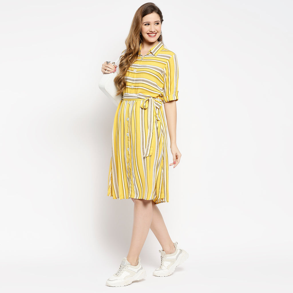 Women's Yellow Viscose Stripes Dress