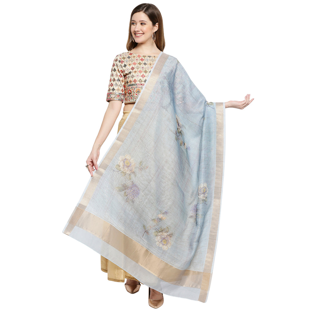 Women Blue Organza Printed Dupatta