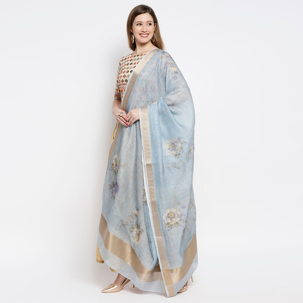 Women Blue Organza Printed Dupatta