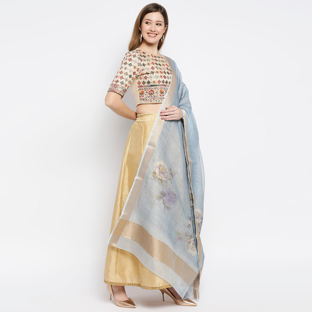 Women Blue Organza Printed Dupatta