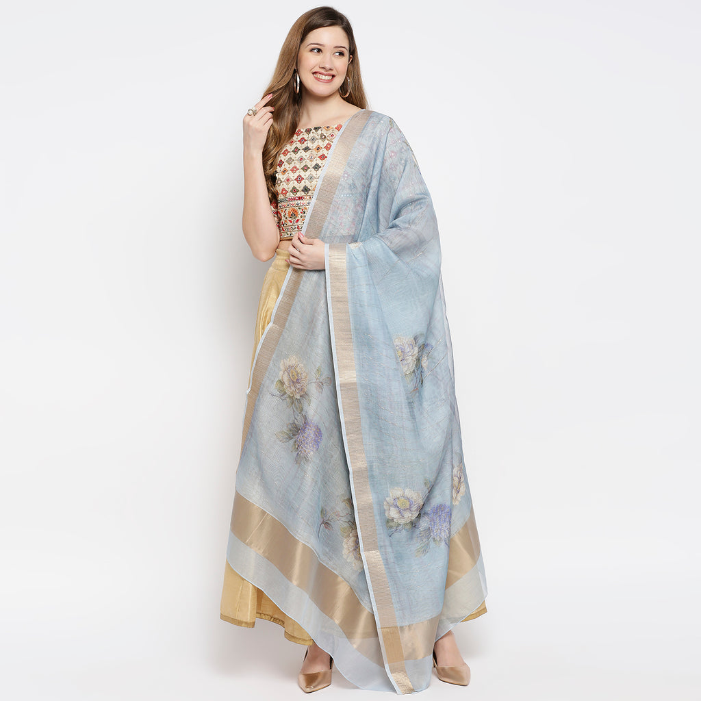 Women Blue Organza Printed Dupatta