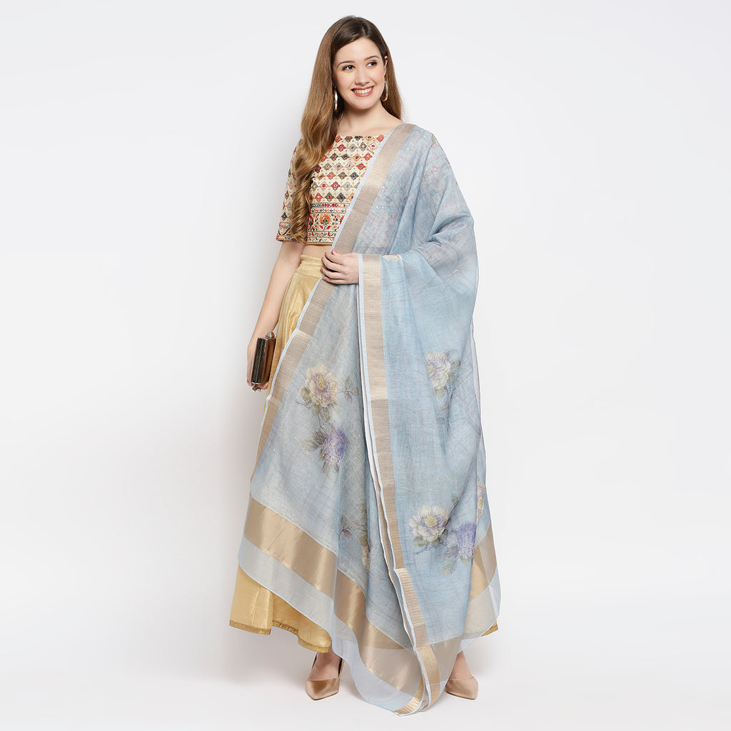 Women Blue Organza Printed Dupatta