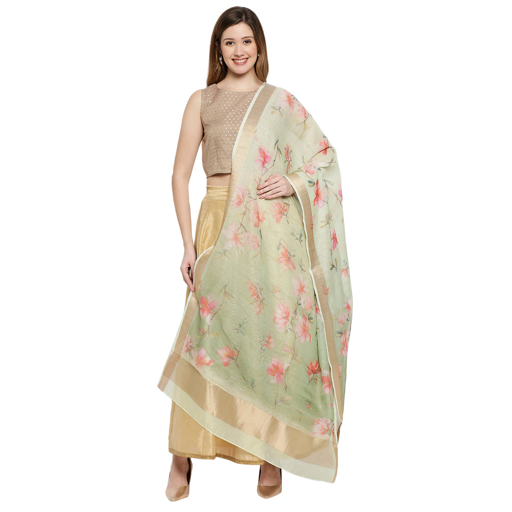 Women Green Organza Printed Dupatta
