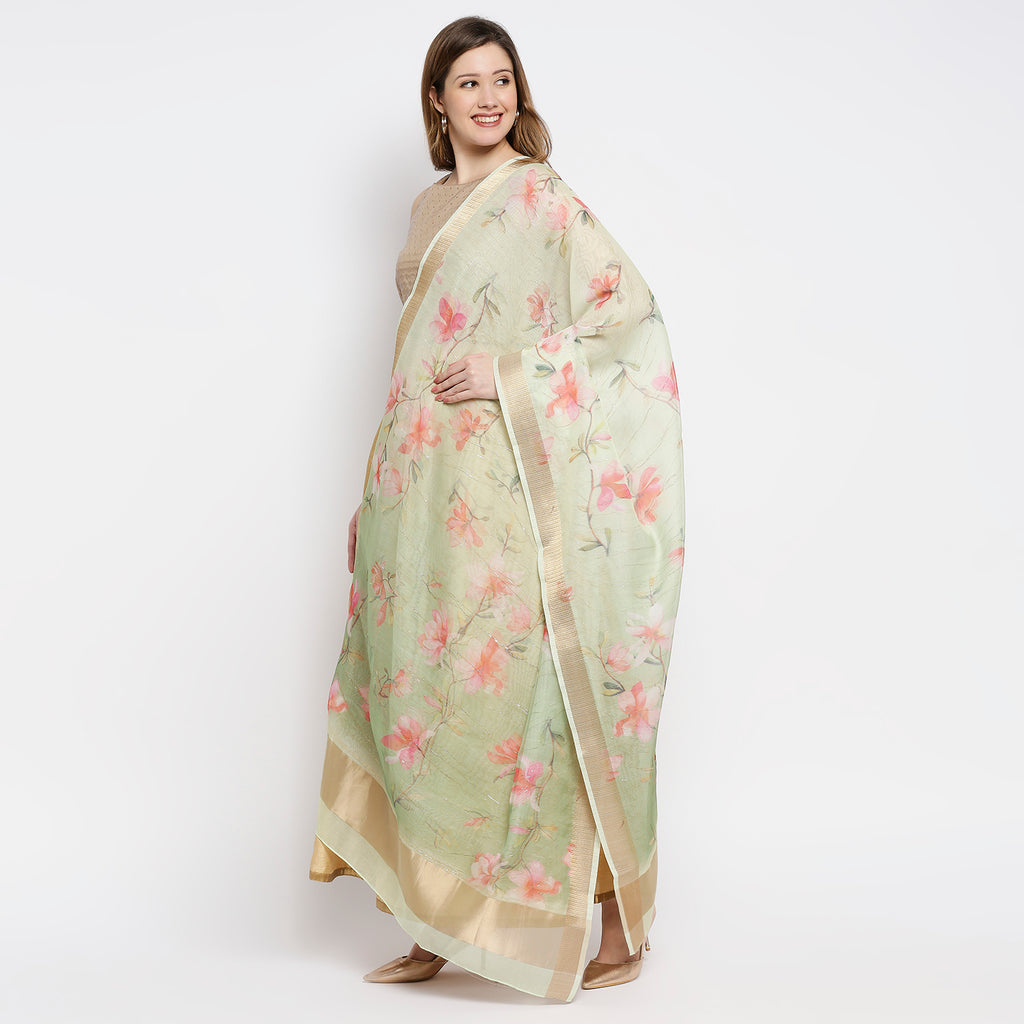 Women Green Organza Printed Dupatta