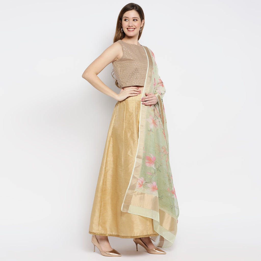 Women Green Organza Printed Dupatta