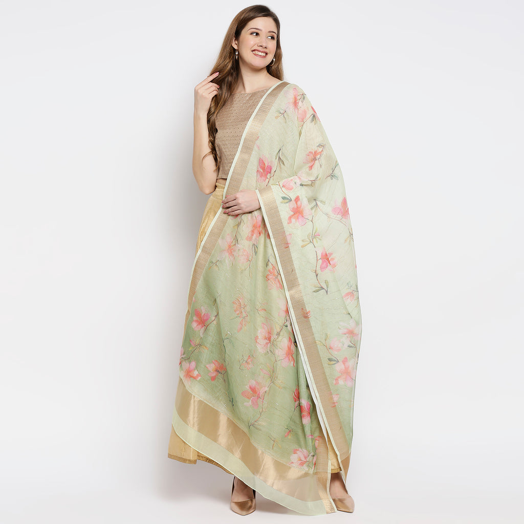Women Green Organza Printed Dupatta