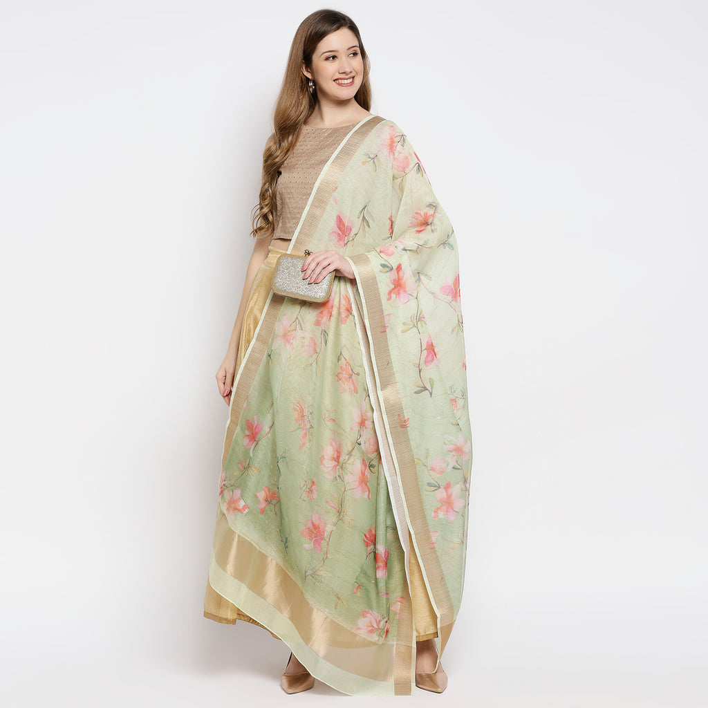Women Green Organza Printed Dupatta