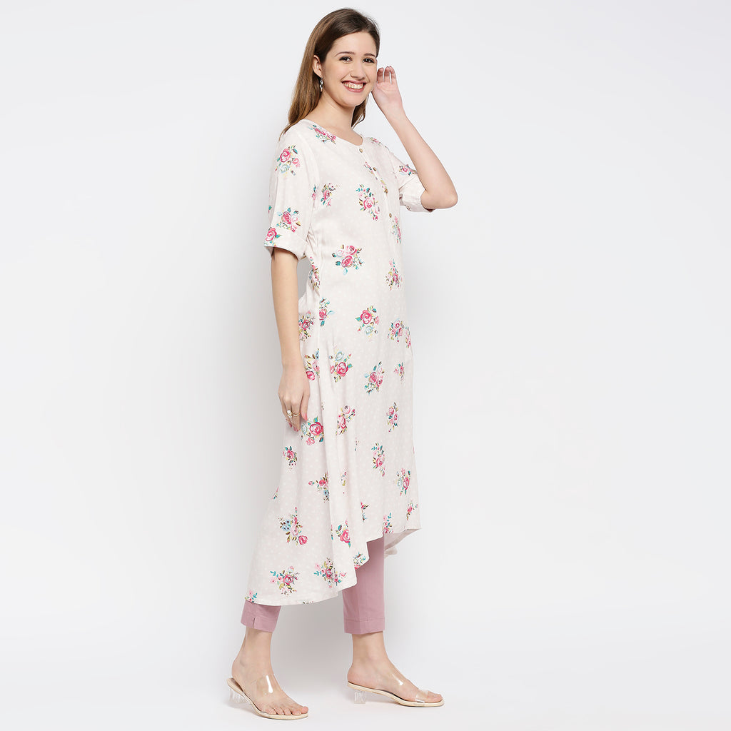 Women's Dusty Pink Viscose Printed Kurta