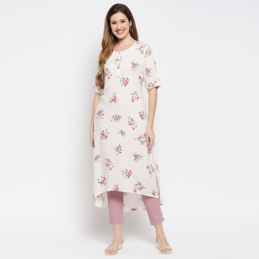 Women's Dusty Pink Viscose Printed Kurta