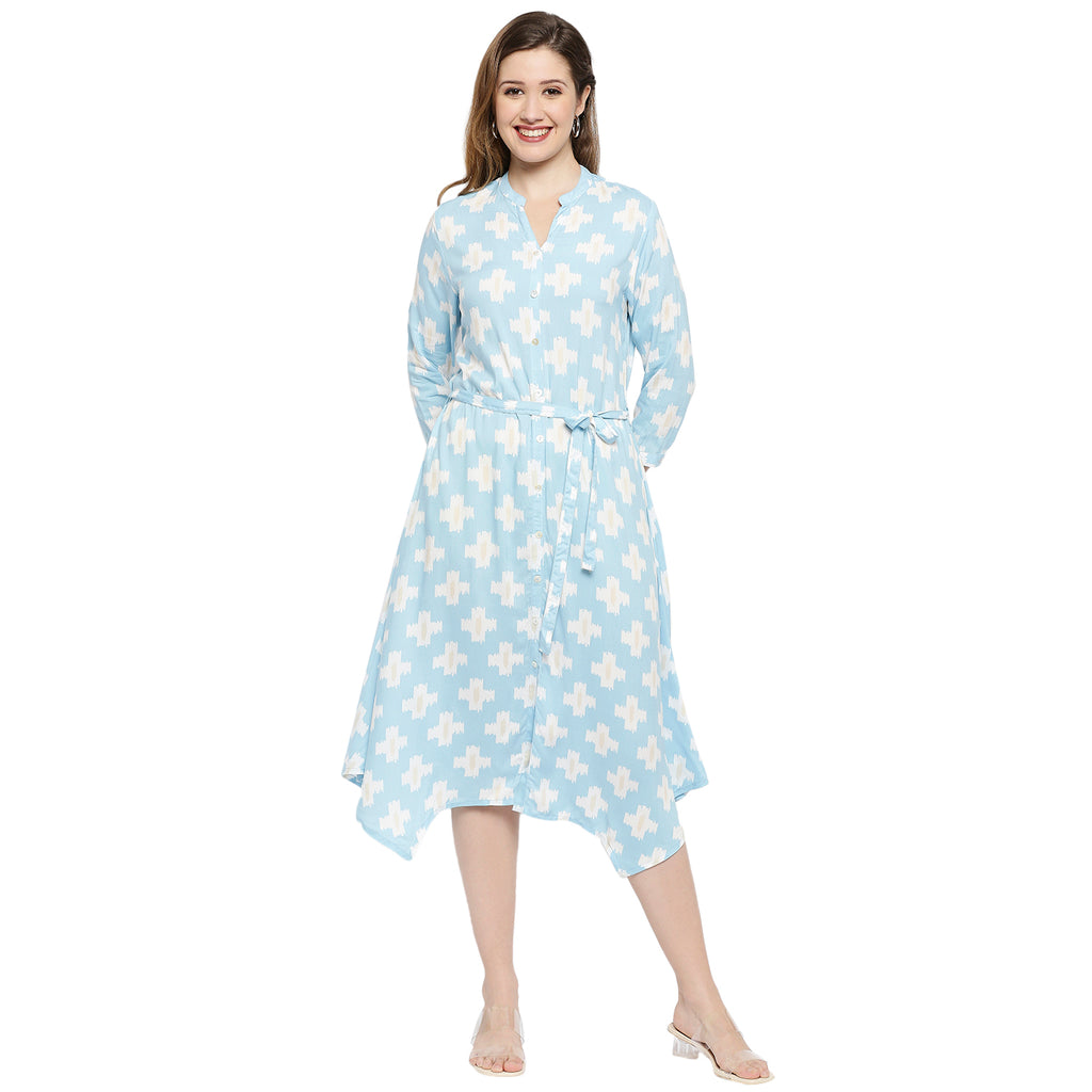 Women's Ice Blue Viscose Printed Dress