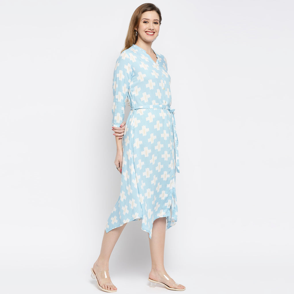 Women's Ice Blue Viscose Printed Dress