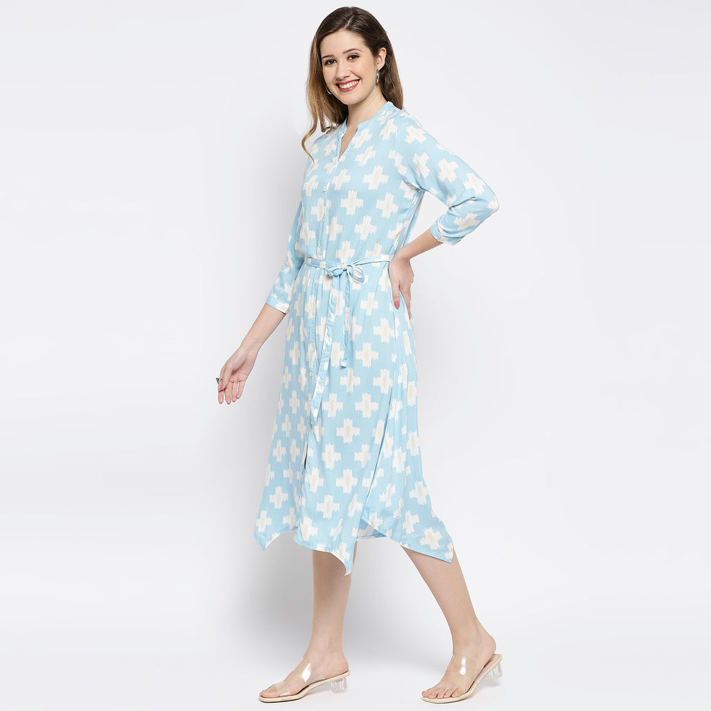 Women's Ice Blue Viscose Printed Dress