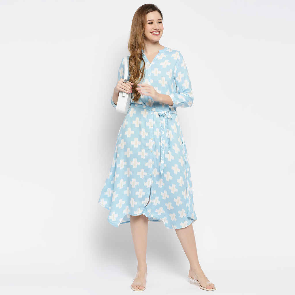 Women's Ice Blue Viscose Printed Dress