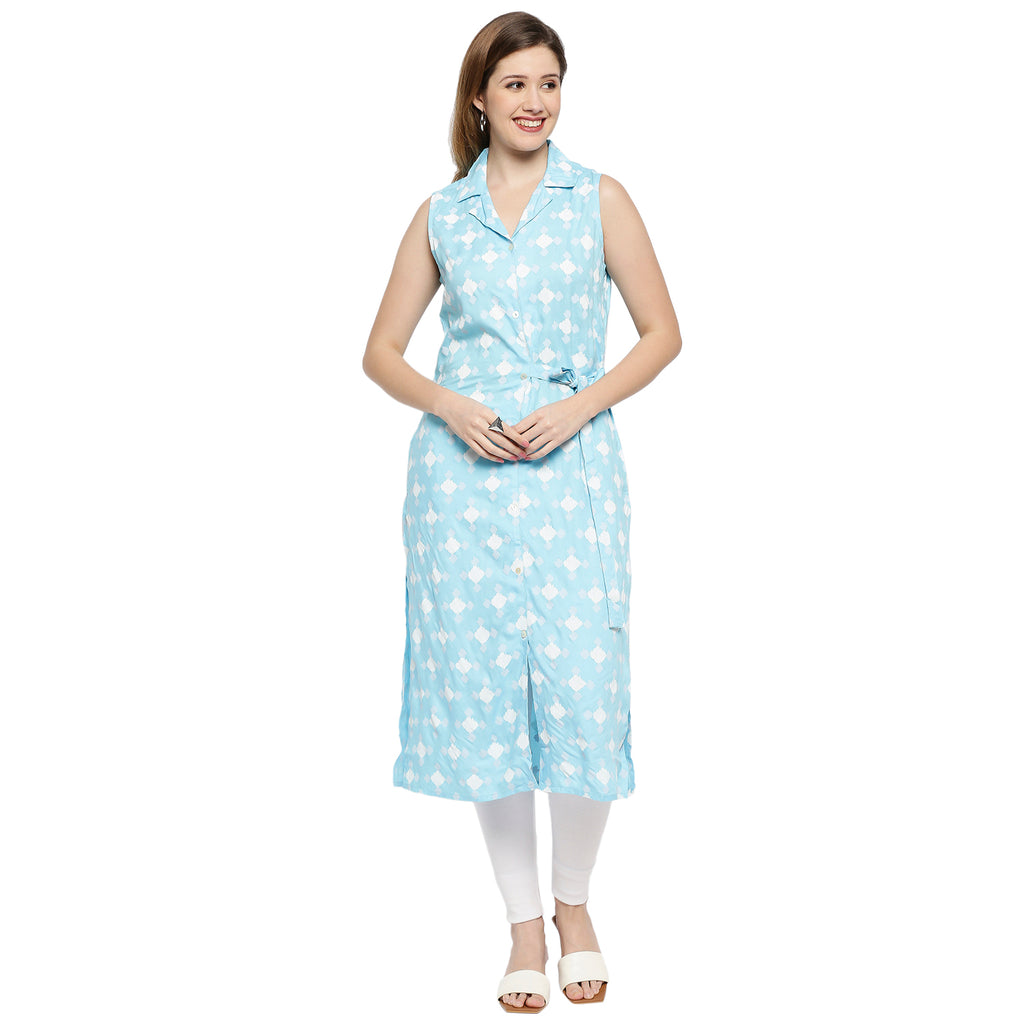 Women's Mid Ice Blue Viscose Printed Kurta