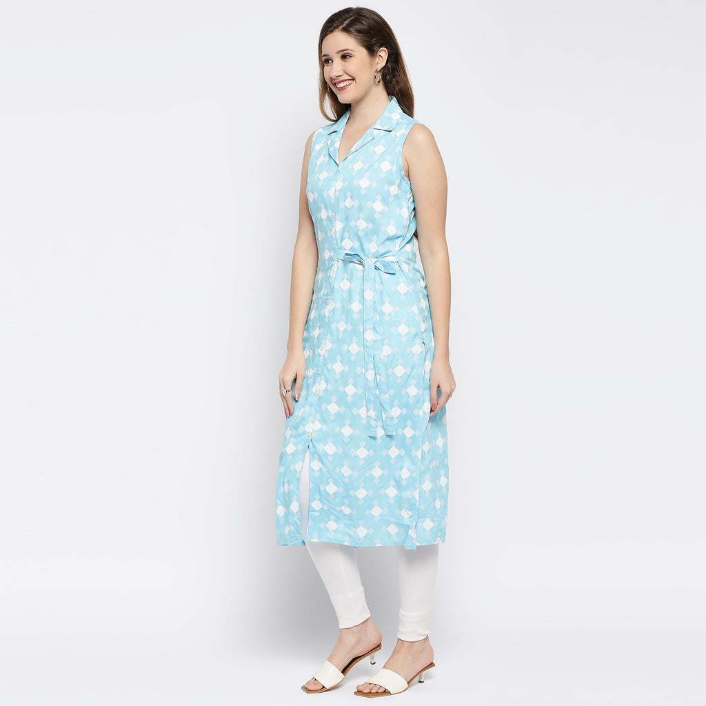Women's Mid Ice Blue Viscose Printed Kurta