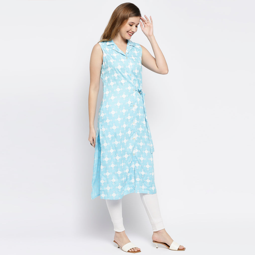Women's Mid Ice Blue Viscose Printed Kurta