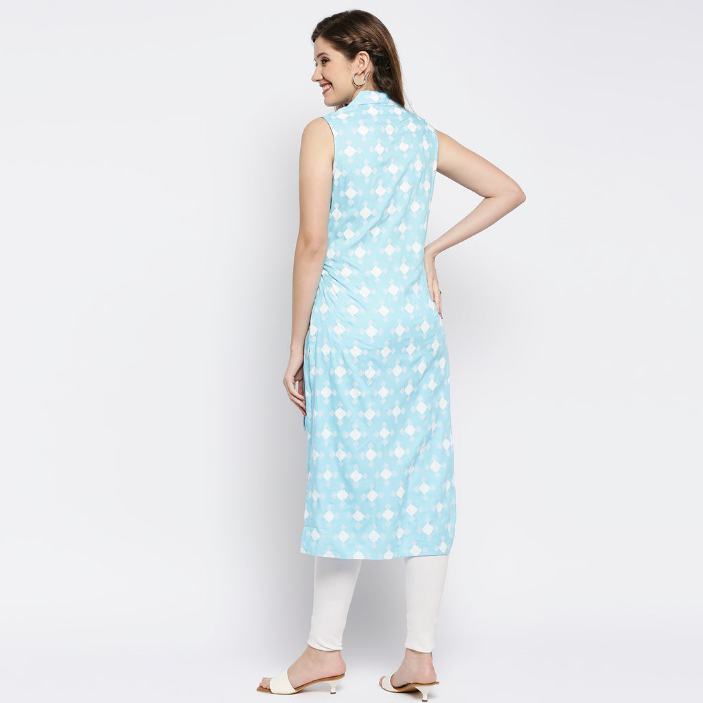 Women's Mid Ice Blue Viscose Printed Kurta