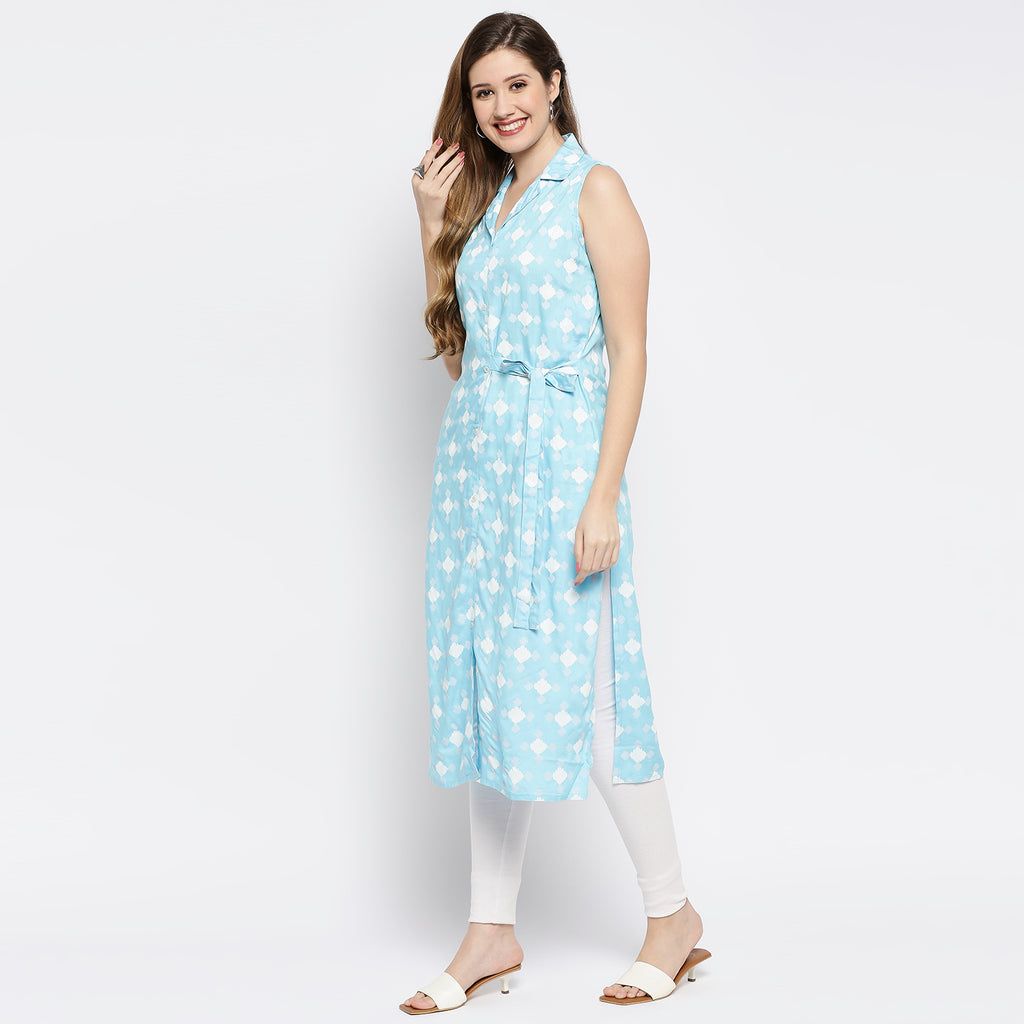 Women's Mid Ice Blue Viscose Printed Kurta