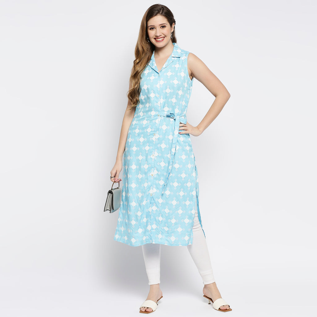 Women's Mid Ice Blue Viscose Printed Kurta
