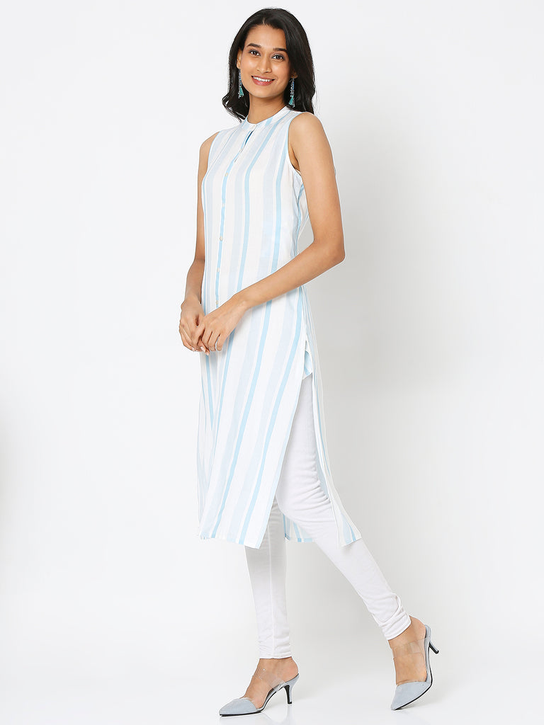 Women's Ice Blue Viscose Blend Striped Kurta