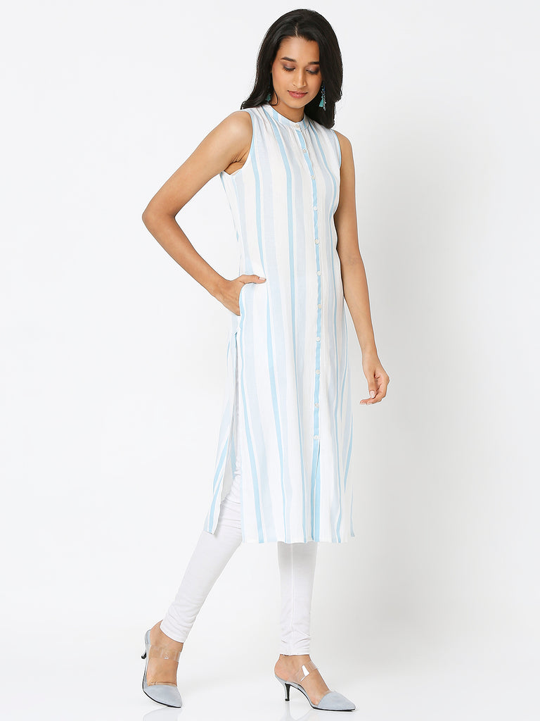 Women's Ice Blue Viscose Blend Striped Kurta