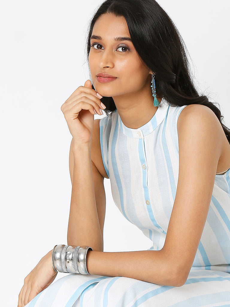 Women's Ice Blue Viscose Blend Striped Kurta