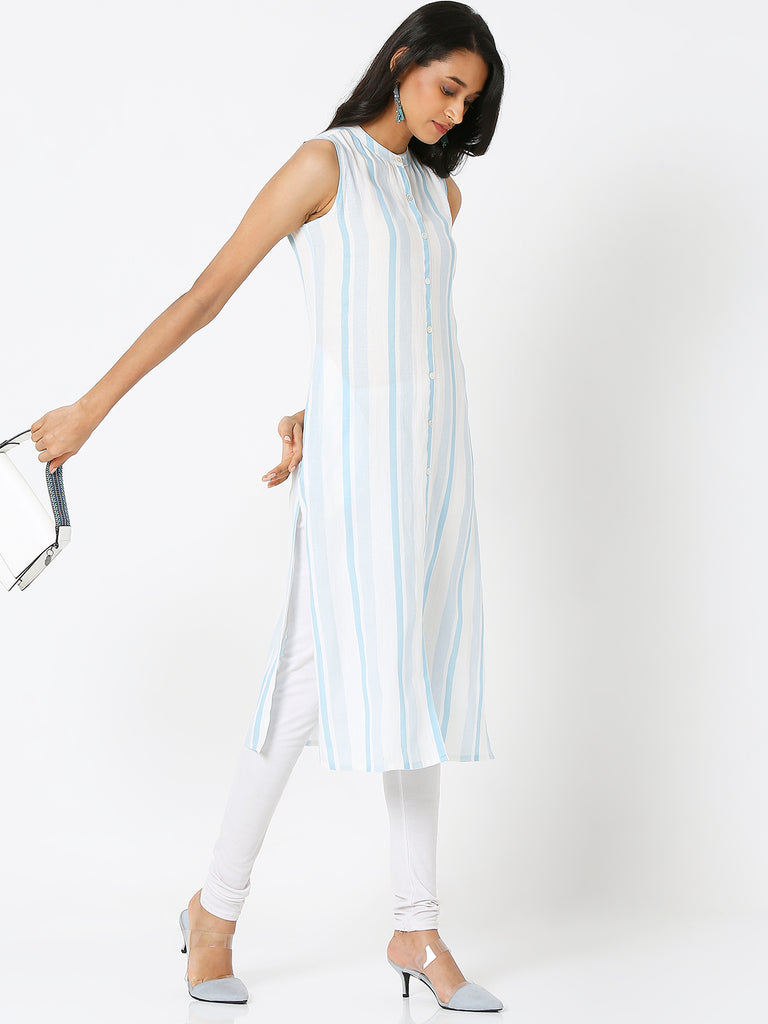 Women's Ice Blue Viscose Blend Striped Kurta