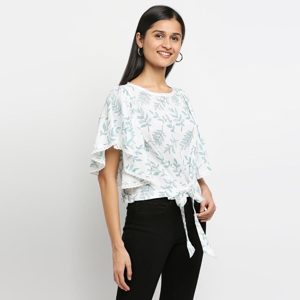 Women's Off White Viscose Blend Printed Top