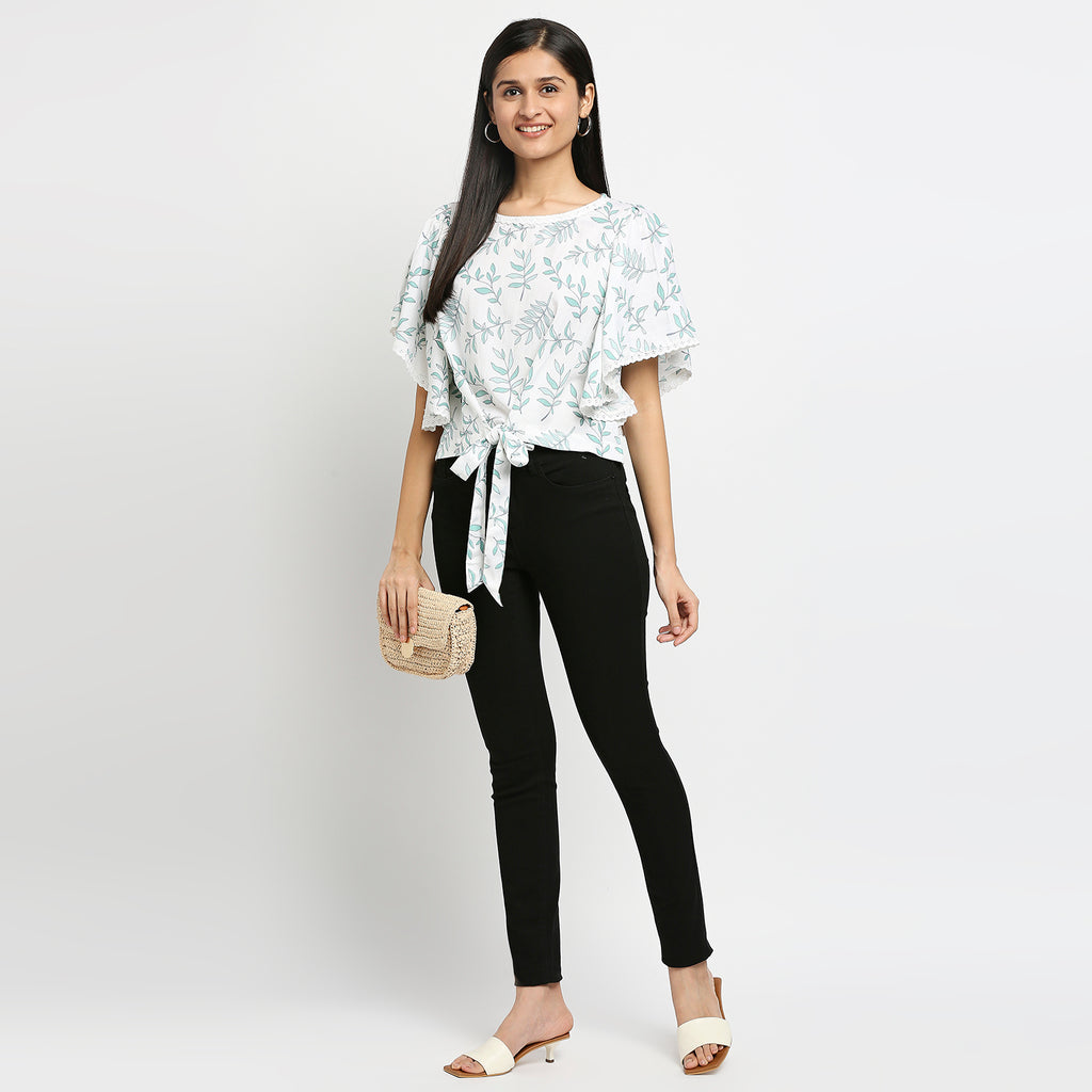 Women's Off White Viscose Blend Printed Top