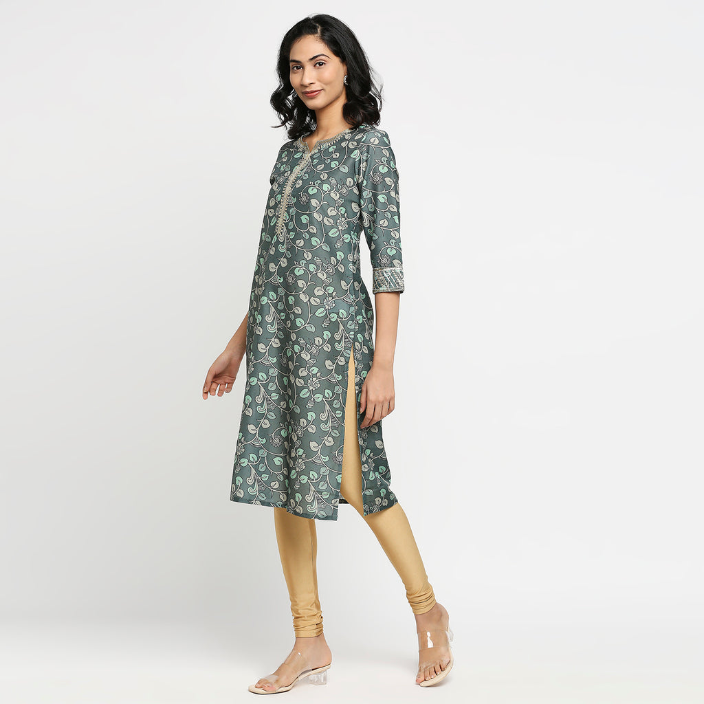 Women's Green Polyester Floral Kurta