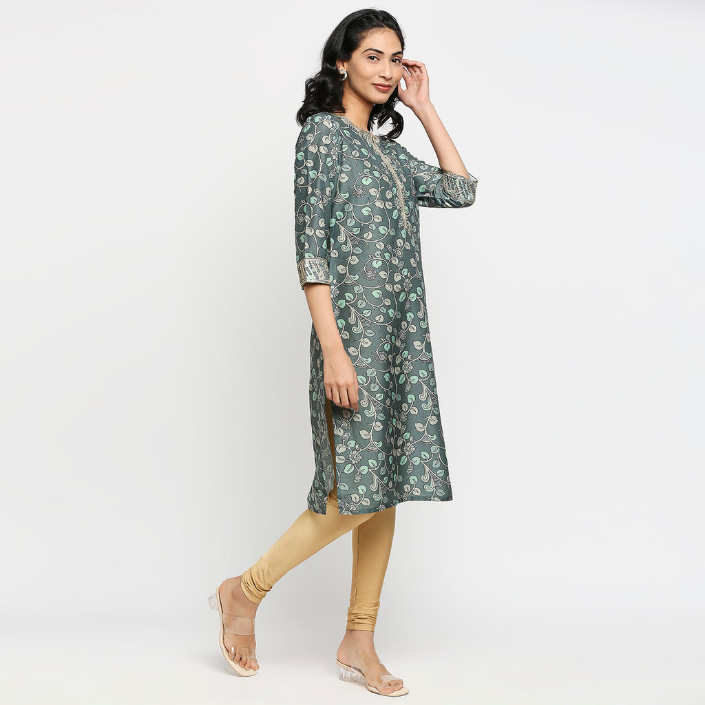 Women's Green Polyester Floral Kurta