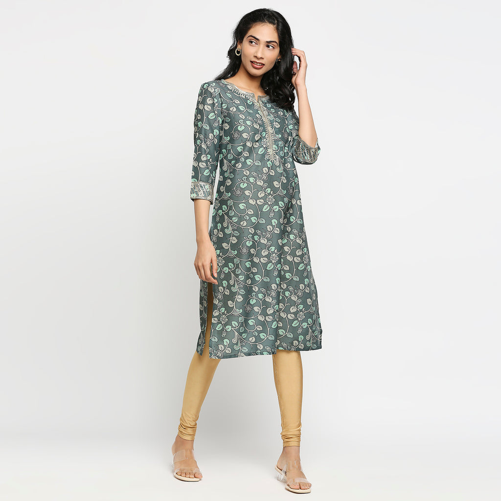 Women's Green Polyester Floral Kurta