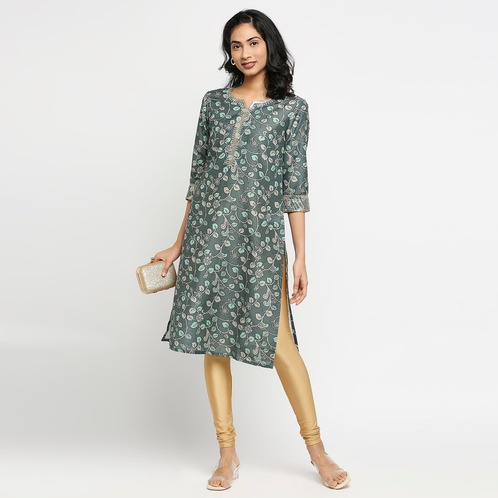 Women's Green Polyester Floral Kurta