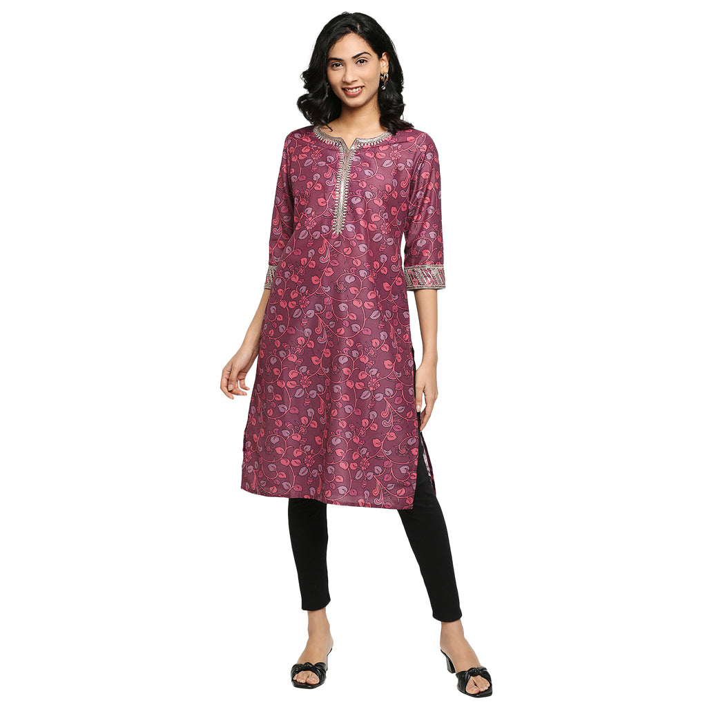 Women's Magenta Polyester Floral Kurta