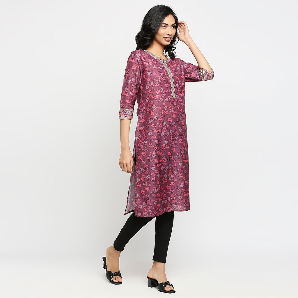 Women's Magenta Polyester Floral Kurta