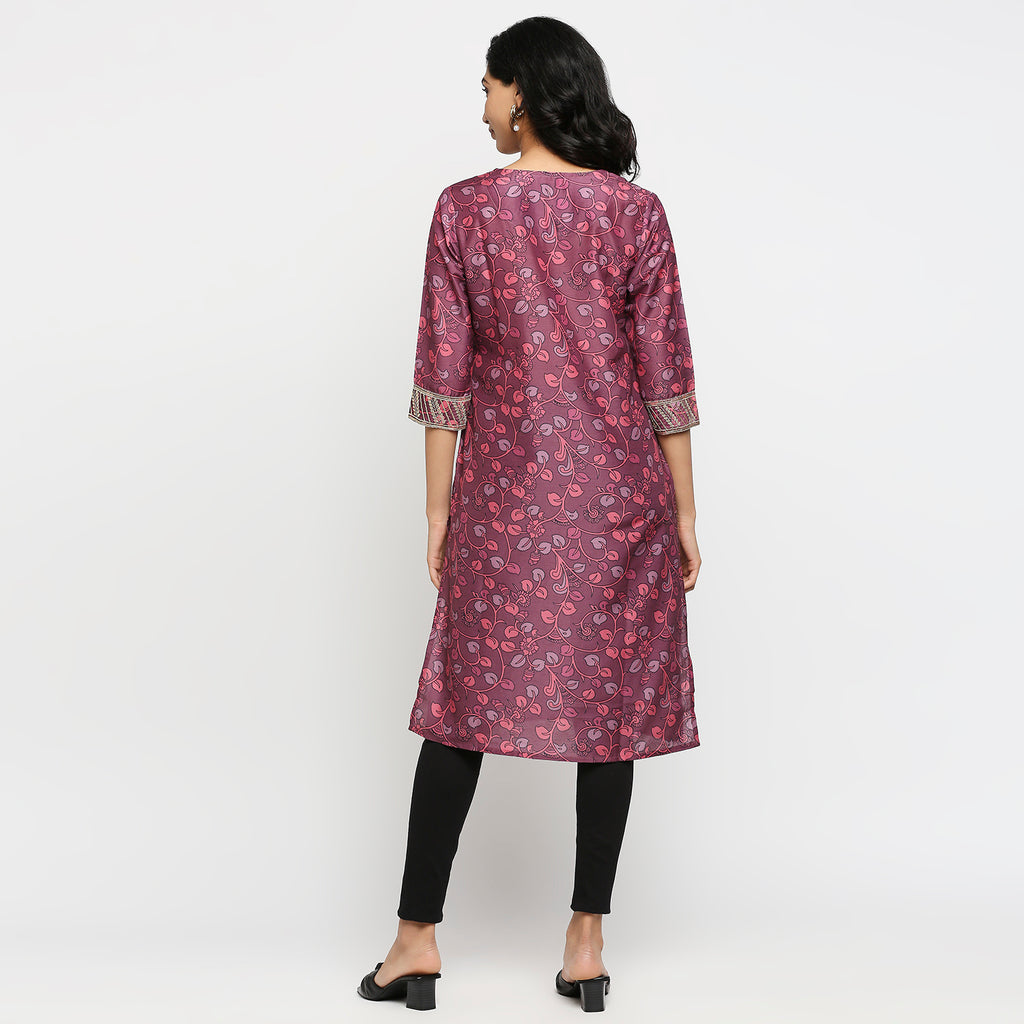 Women's Magenta Polyester Floral Kurta