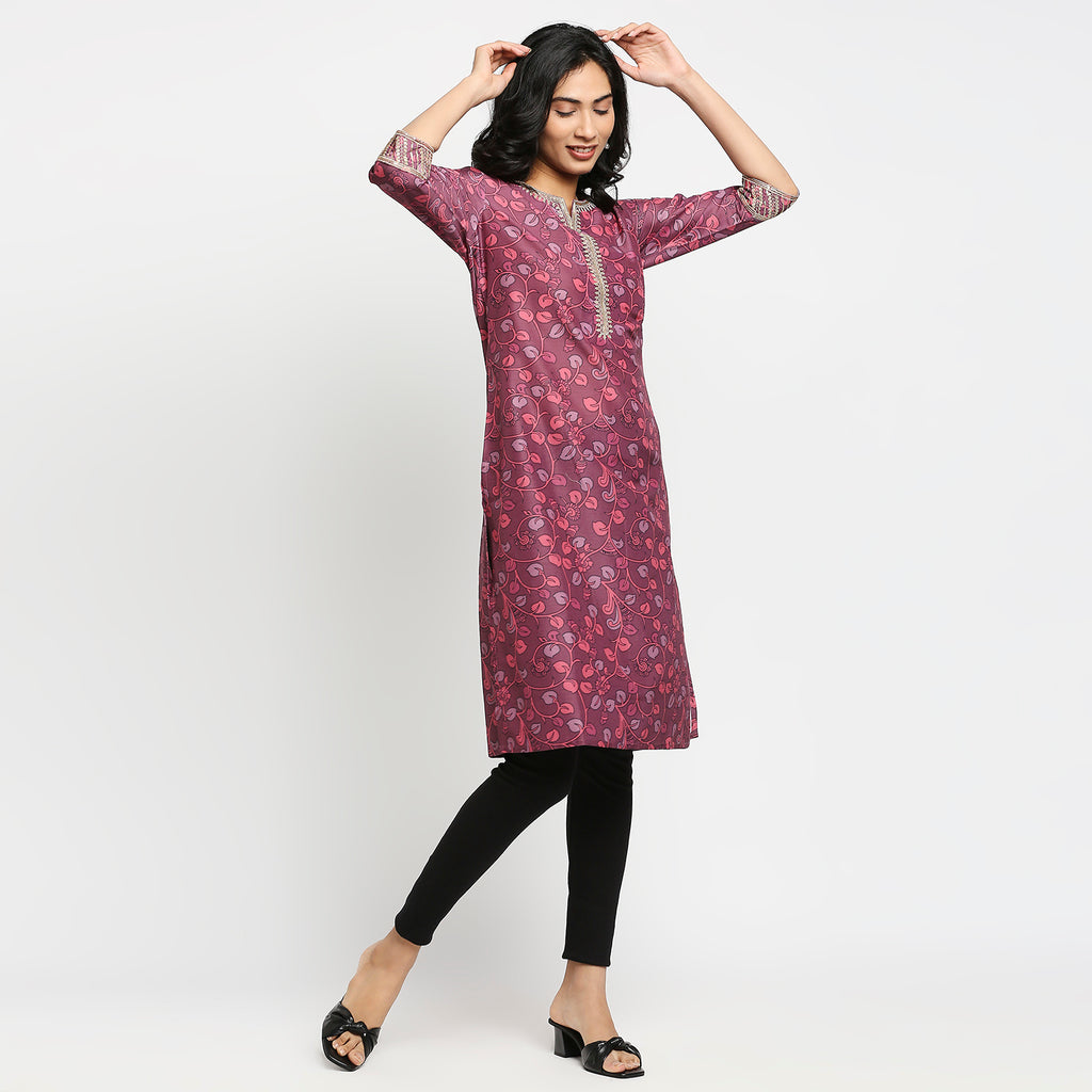 Women's Magenta Polyester Floral Kurta