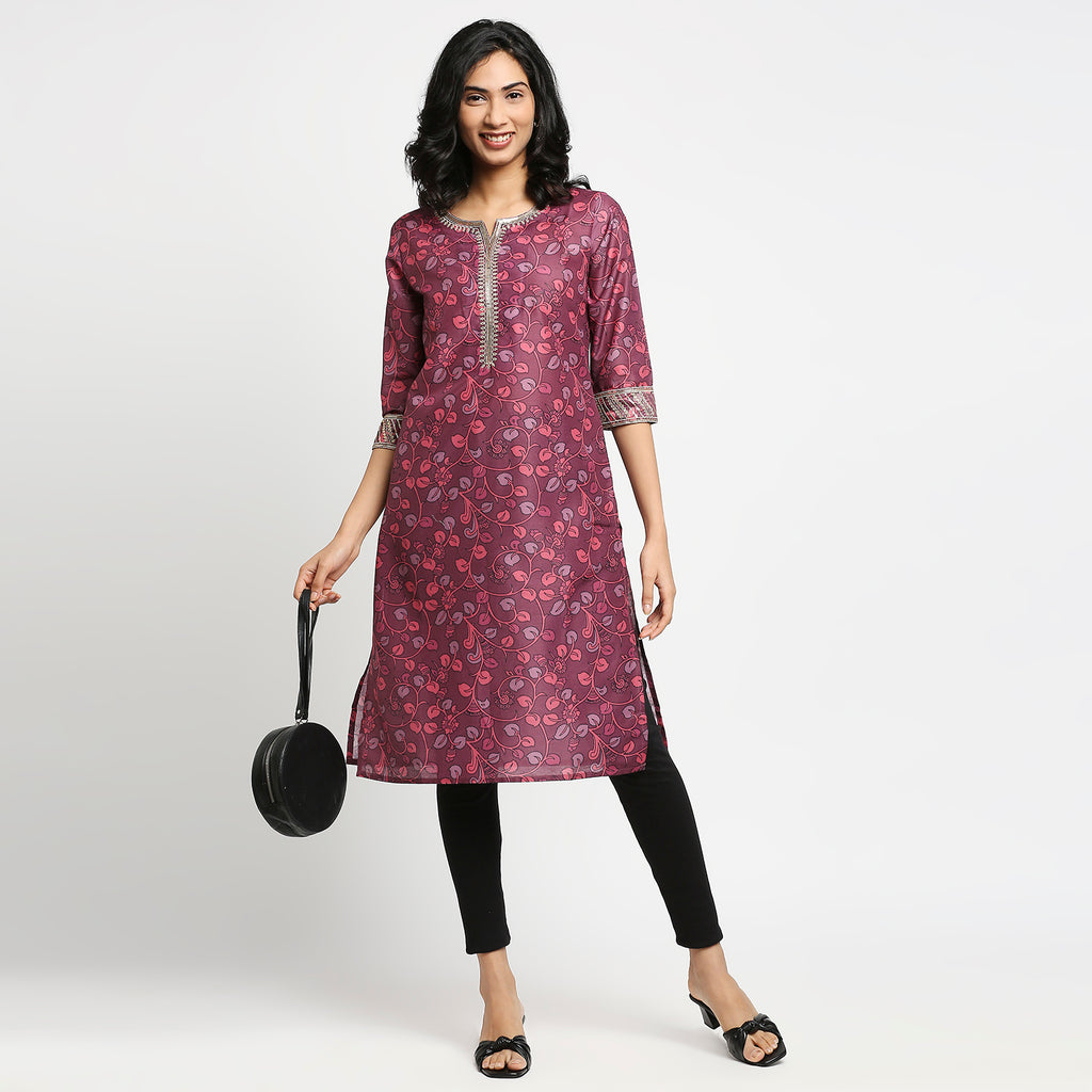 Women's Magenta Polyester Floral Kurta